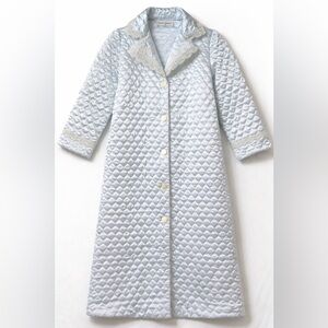 Vintage Dior Junior Quilted Satin Lace Trim Robe Coat Light Blue Hostess 1960s